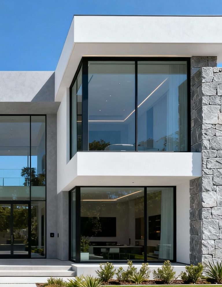 Moderne Villa mit Glasfassade und umliegendem Garten, klare Linien und zeitgemäße Architektur.